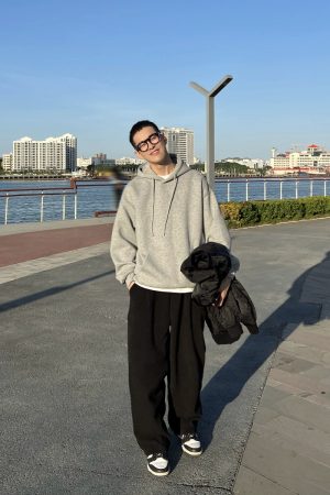 Men's Black Thick Fleece Casual Pants - Loose Fit Straight Leg Trendy Long Trousers for Autumn Winter Style