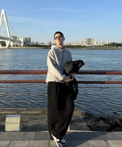 Men's Black Thick Fleece Casual Pants - Loose Fit Straight Leg Trendy Long Trousers for Autumn Winter Style