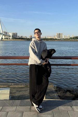 Men's Black Thick Fleece Casual Pants - Loose Fit Straight Leg Trendy Long Trousers for Autumn Winter Style
