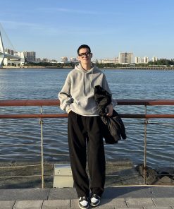 Men's Black Thick Fleece Casual Pants - Loose Fit Straight Leg Trendy Long Trousers for Autumn Winter Style