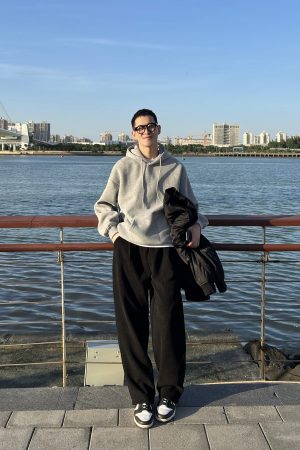 Men's Black Thick Fleece Casual Pants - Loose Fit Straight Leg Trendy Long Trousers for Autumn Winter Style