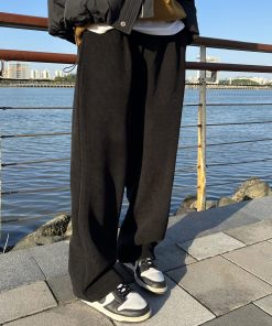 Men's Black Thick Fleece Casual Pants - Loose Fit Straight Leg Trendy Long Trousers for Autumn Winter Style