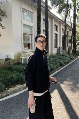 Men's Black Thickened Fleece Half-High Collar Zip-Up Sweatshirt - Casual Autumn Winter Essential