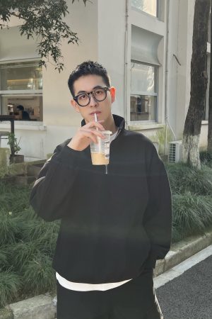 Men's Black Thickened Fleece Half-High Collar Zip-Up Sweatshirt - Casual Autumn Winter Essential