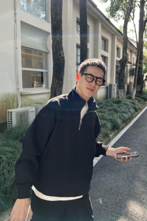 Men's Black Thickened Fleece Half-High Collar Zip-Up Sweatshirt - Casual Autumn Winter Essential