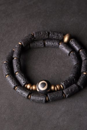Men's Black Volcanic Stone Bracelet - Retro Multi-Layer Design for Women, Versatile Fashion Jewelry