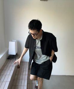 Men's Black Washed Cotton Short Sleeve Shirt - Breathable Summer Jacket with Wrinkled Texture, Casual American Style