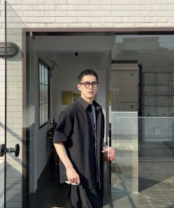 Men's Black Washed Cotton Short Sleeve Shirt - Breathable Summer Jacket with Wrinkled Texture, Casual American Style