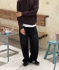 Men's Casual Black Straight-Leg Jeans - Loose Fit Autumn Winter Pants for Comfortable Style