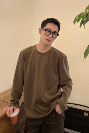 Men's Casual Coffee-Colored Long Sleeve T-Shirt - Korean Style Autumn Essential, Simple and Versatile Fashion Top