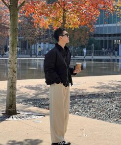 Men's Casual Fleece Thickened Jeans in Apricot - Loose Straight Leg Versatile Long Pants for Autumn and Winter Style