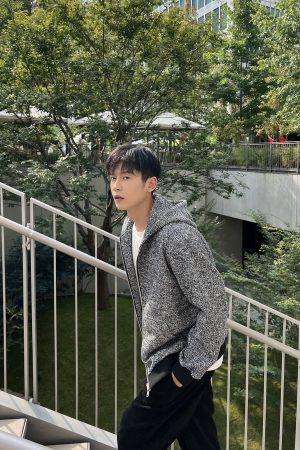 Men's Casual Hooded Sweatshirt - Woven Texture, Floral Print, Gray, Loose Fit, Comfortable, Thick, Autumn/Winter Style