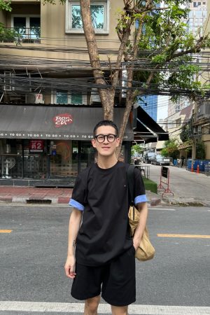 Men's Casual Loose Blue Turn-Up Short Sleeve T-Shirt - Summer American Style Sportswear