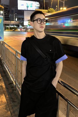 Men's Casual Loose Blue Turn-Up Short Sleeve T-Shirt - Summer American Style Sportswear