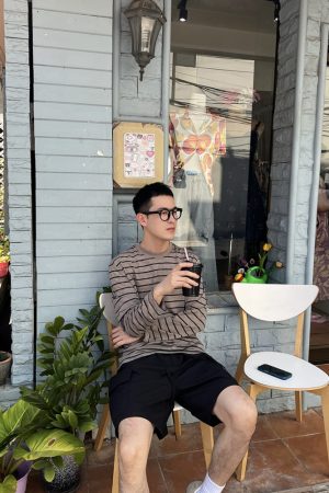 Men's Casual Loose Fit Long Sleeve T-Shirt - Thin Sun Protection, Black Striped, Khaki - Summer 90s American Style Fashion