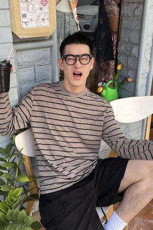 Men's Casual Loose Fit Long Sleeve T-Shirt - Thin Sun Protection, Black Striped, Khaki - Summer 90s American Style Fashion