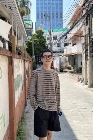 Men's Casual Loose Fit Long Sleeve T-Shirt - Thin Sun Protection, Black Striped, Khaki - Summer 90s American Style Fashion