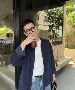 Men's Casual Loose-Fit Solid Color Corduroy Shirt - Versatile Long Sleeve Top for Autumn Winter Fashion