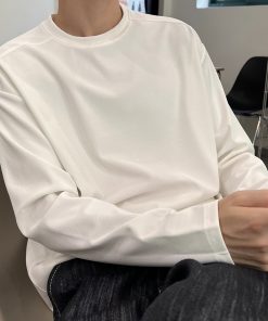 Men's Casual Minimalist White Long Sleeve T-Shirt - Round Neck Basic Layering Pullover for Autumn Winter Fashion