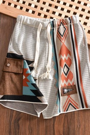 Men's Color-Blocked Navajo Knitted Shorts, Retro American Beach Style, Summer Niche Design, Four to Five-Point Length