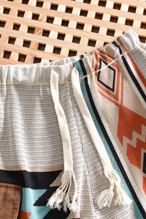 Men's Color-Blocked Navajo Knitted Shorts, Retro American Beach Style, Summer Niche Design, Four to Five-Point Length