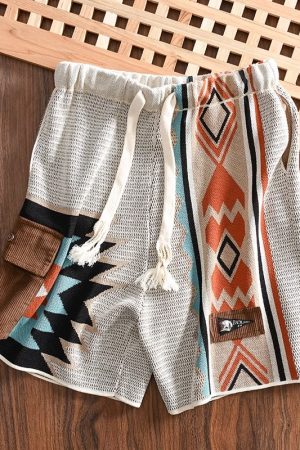 Men's Color-Blocked Navajo Knitted Shorts, Retro American Beach Style, Summer Niche Design, Four to Five-Point Length