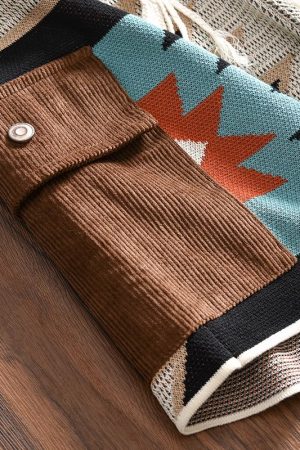 Men's Color-Blocked Navajo Knitted Shorts, Retro American Beach Style, Summer Niche Design, Four to Five-Point Length