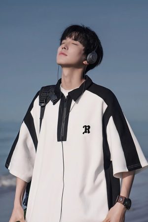 Men's Color-Blocking Polo Shirt - Short Sleeve Casual Half-Zip T-Shirt with Loose Fit, Five-Point Sleeves for Summer Style