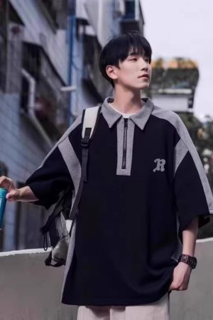 Men's Color-Blocking Polo Shirt - Short Sleeve Casual Half-Zip T-Shirt with Loose Fit, Five-Point Sleeves for Summer Style
