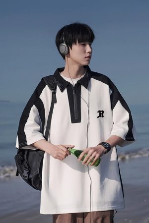 Men's Color-Blocking Polo Shirt - Short Sleeve Casual Half-Zip T-Shirt with Loose Fit, Five-Point Sleeves for Summer Style