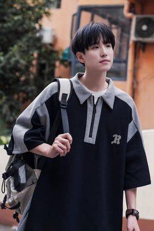 Men's Color-Blocking Polo Shirt - Short Sleeve Casual Half-Zip T-Shirt with Loose Fit, Five-Point Sleeves for Summer Style