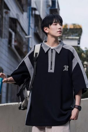 Men's Color-Blocking Polo Shirt - Short Sleeve Casual Half-Zip T-Shirt with Loose Fit, Five-Point Sleeves for Summer Style