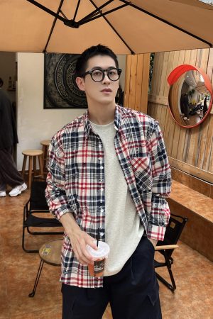 Men's Colorful Plaid Shirt - Casual Thick Brushed Long Sleeve Top for Autumn - Loose Fit American Style
