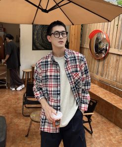 Men's Colorful Plaid Shirt - Casual Thick Brushed Long Sleeve Top for Autumn - Loose Fit American Style