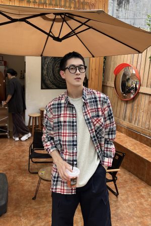 Men's Colorful Plaid Shirt - Casual Thick Brushed Long Sleeve Top for Autumn - Loose Fit American Style