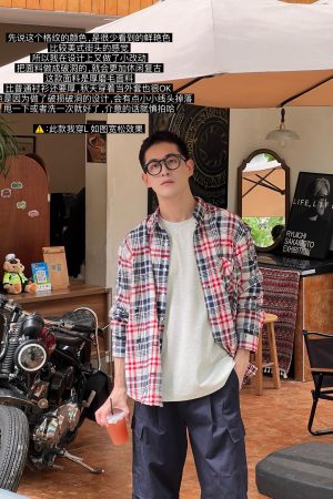 Men's Colorful Plaid Shirt - Casual Thick Brushed Long Sleeve Top for Autumn - Loose Fit American Style