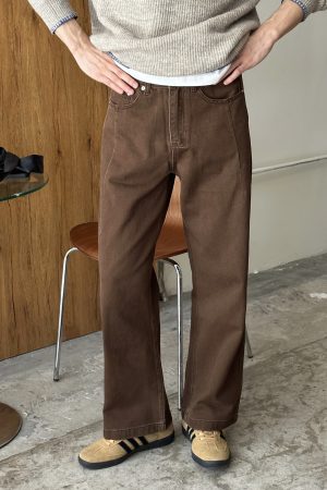 Men's Dark Brown Straight Casual Jeans - Vintage Style, Loose Fit, Versatile Autumn Winter Fashion