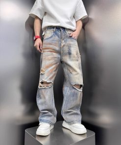 Men's Distressed Vintage Tie-Dye Baggy Denim Pants - Stylish High Street Summer Straight-Leg Trousers