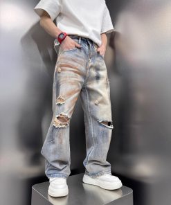 Men's Distressed Vintage Tie-Dye Baggy Denim Pants - Stylish High Street Summer Straight-Leg Trousers