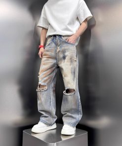 Men's Distressed Vintage Tie-Dye Baggy Denim Pants - Stylish High Street Summer Straight-Leg Trousers