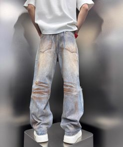Men's Distressed Vintage Tie-Dye Baggy Denim Pants - Stylish High Street Summer Straight-Leg Trousers