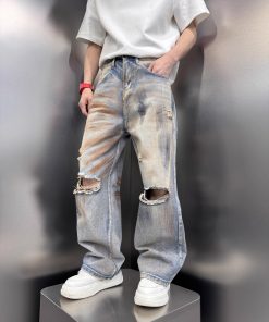 Men's Distressed Vintage Tie-Dye Baggy Denim Pants - Stylish High Street Summer Straight-Leg Trousers