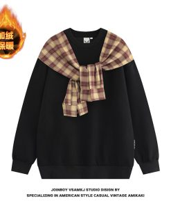 Men's Fleece Shawl Sweatshirt - American Style Hip-Hop Fake Two-Piece Top for Couples - 2025 Winter Trend