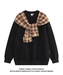 Men's Fleece Shawl Sweatshirt - American Style Hip-Hop Fake Two-Piece Top for Couples - 2025 Winter Trend