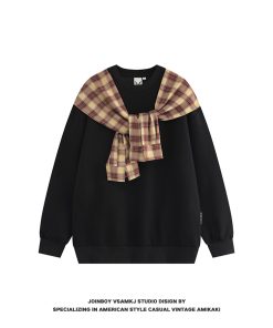 Men's Fleece Shawl Sweatshirt - American Style Hip-Hop Fake Two-Piece Top for Couples - 2025 Winter Trend