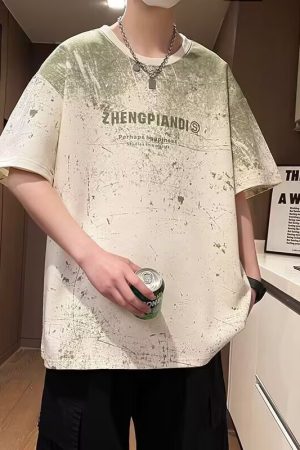 Men's Gradient Color Short Sleeve T-Shirt - Summer Pure Cotton, Trendy Loose Fit, Slouchy Shoulder Style for Cool Comfort