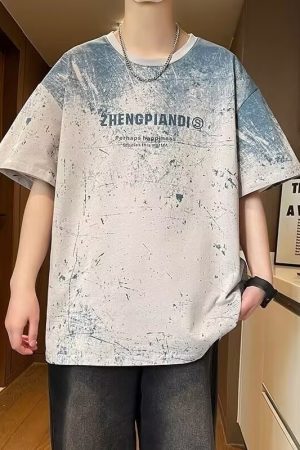 Men's Gradient Color Short Sleeve T-Shirt - Summer Pure Cotton, Trendy Loose Fit, Slouchy Shoulder Style for Cool Comfort