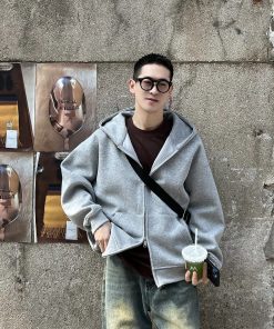 Men's Gray Hoodie - Spring Casual American Style Loose Cardigan for 90s Inspired Fashion