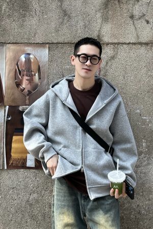 Men's Gray Hoodie - Spring Casual American Style Loose Cardigan for 90s Inspired Fashion
