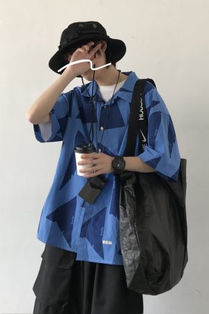 Men's Hawaiian Style Japanese Blue Color-Blocked Short Sleeve Shirt - Trendy Casual Five-Point Sleeve 90s Y2K Fashion
